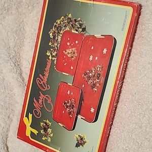 Vintage 1985 Merry Christmas Lacquer Ware Tray Trio
